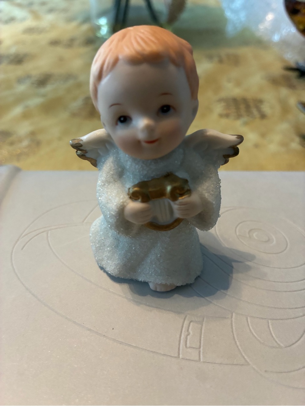 Homco White and Gold Angel Figurine with Harp 5609